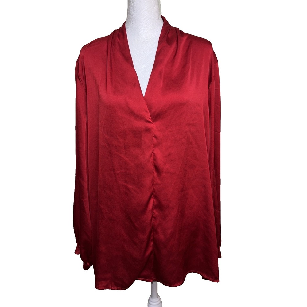 Chico's Red Satin Blouse Size 3 XL Silk-Feel Deep V-Neck Long Sleeve Luxe Chic